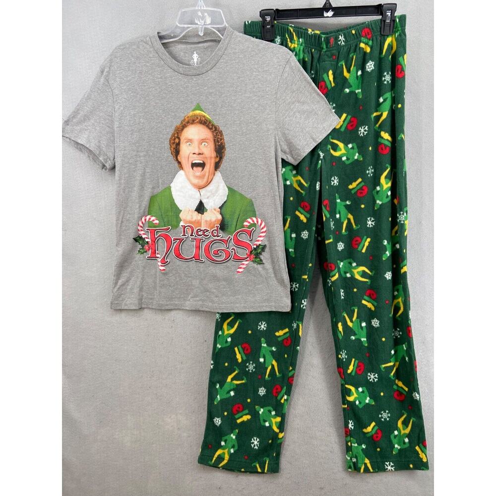 ELF Pajama Set Sz XL‎ Fleece Short Sleeve Green Gray Need Hugs
